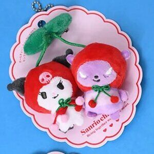 Sanrio Kuromi Plush Doll Keychain with 2 Charms Cherries & Green Leaves NEW